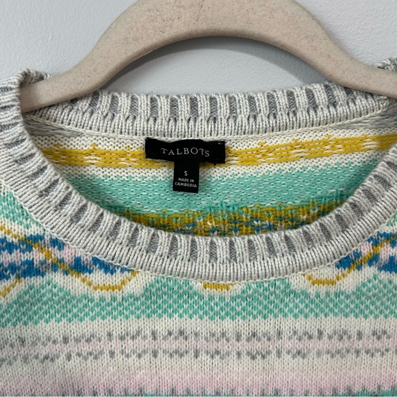 Talbots West Yoke Fair Isle Cream Blue Creweck Sweater Women’s Size Small - Picture 3 of 6